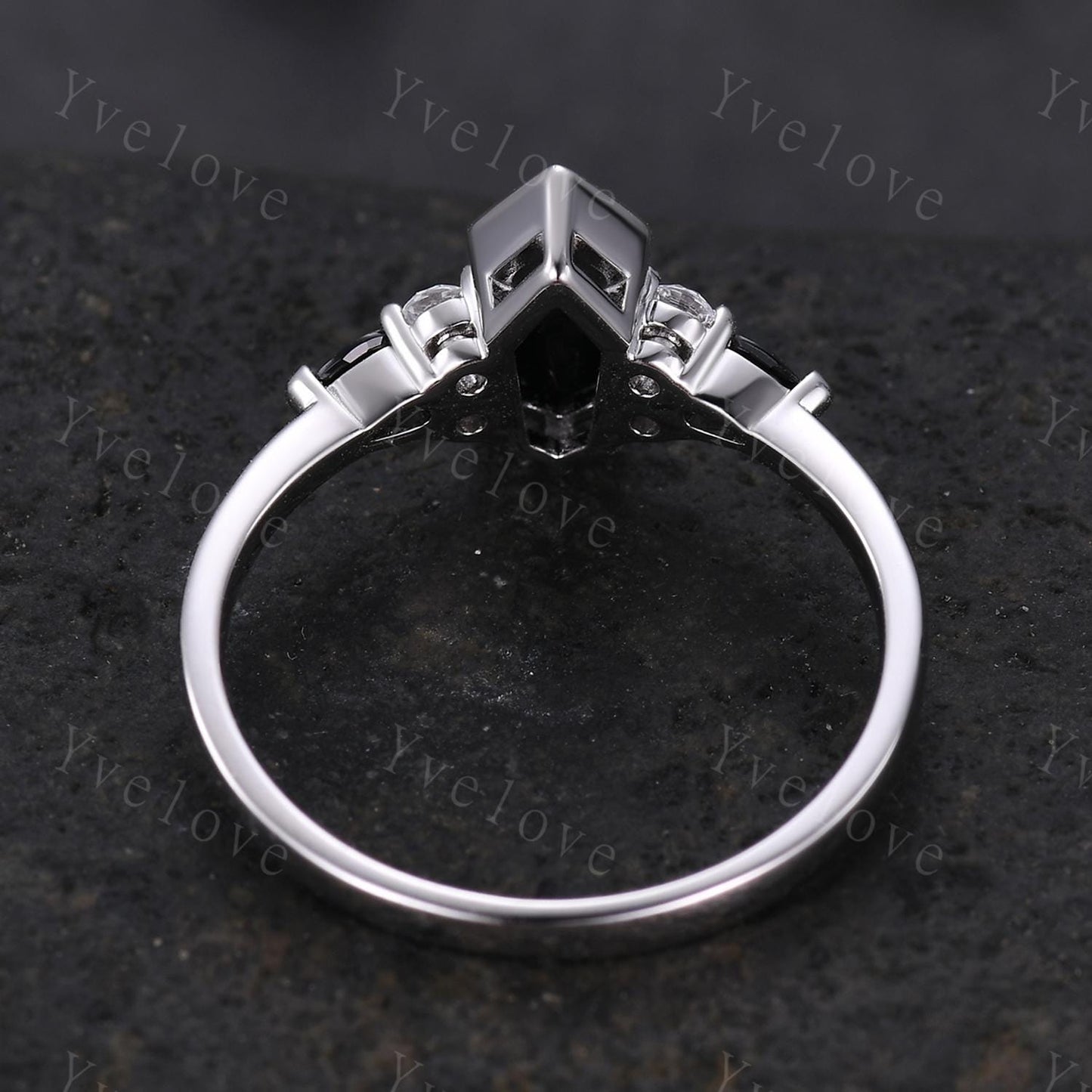 Gothic Coffin Kite Cut Black Onyx Engagement Ring,Unique Black Gems Ring,Diamond Stacking Matching Band Silver Promise Ring Anniversary Gift