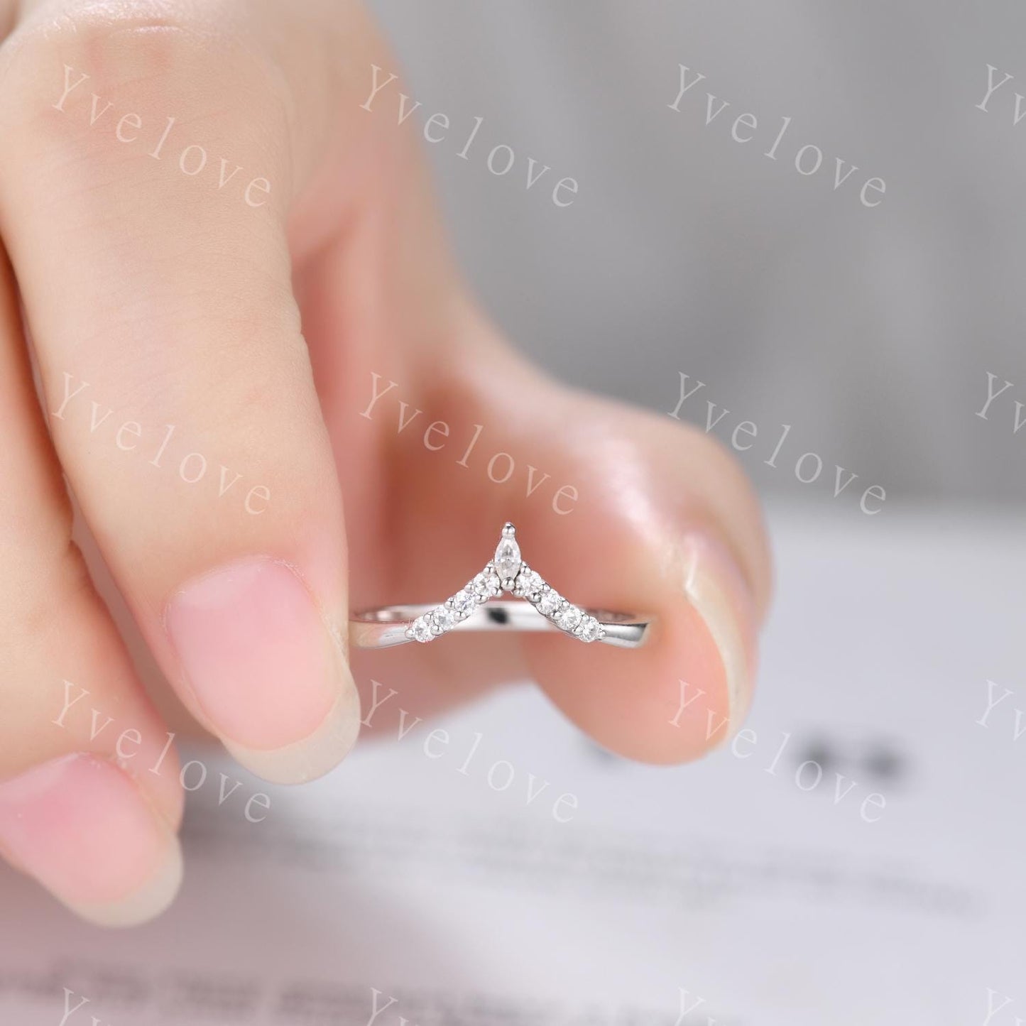 Dainty Diamond Wedding Band Moissanite Solid White Gold Royal Curve Ring,V Shaped Chevron Ring Diamond Stackable Matching Band Handmade Gift