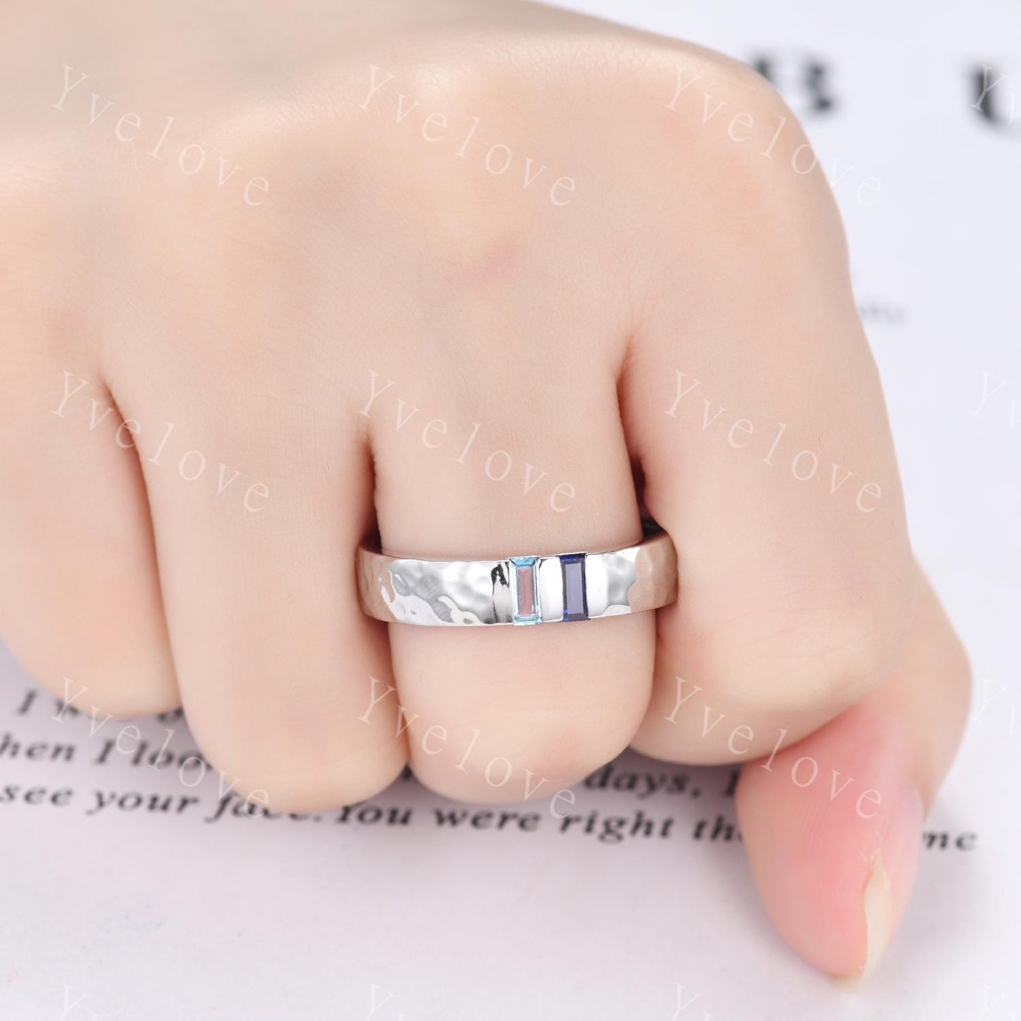 Mens Alexandrite Sapphire Wedding Band Baguette Cut Alexandrite Sapphire Ring Silver Ring Hammered Stacking Matching Band Retro Vintage Gift