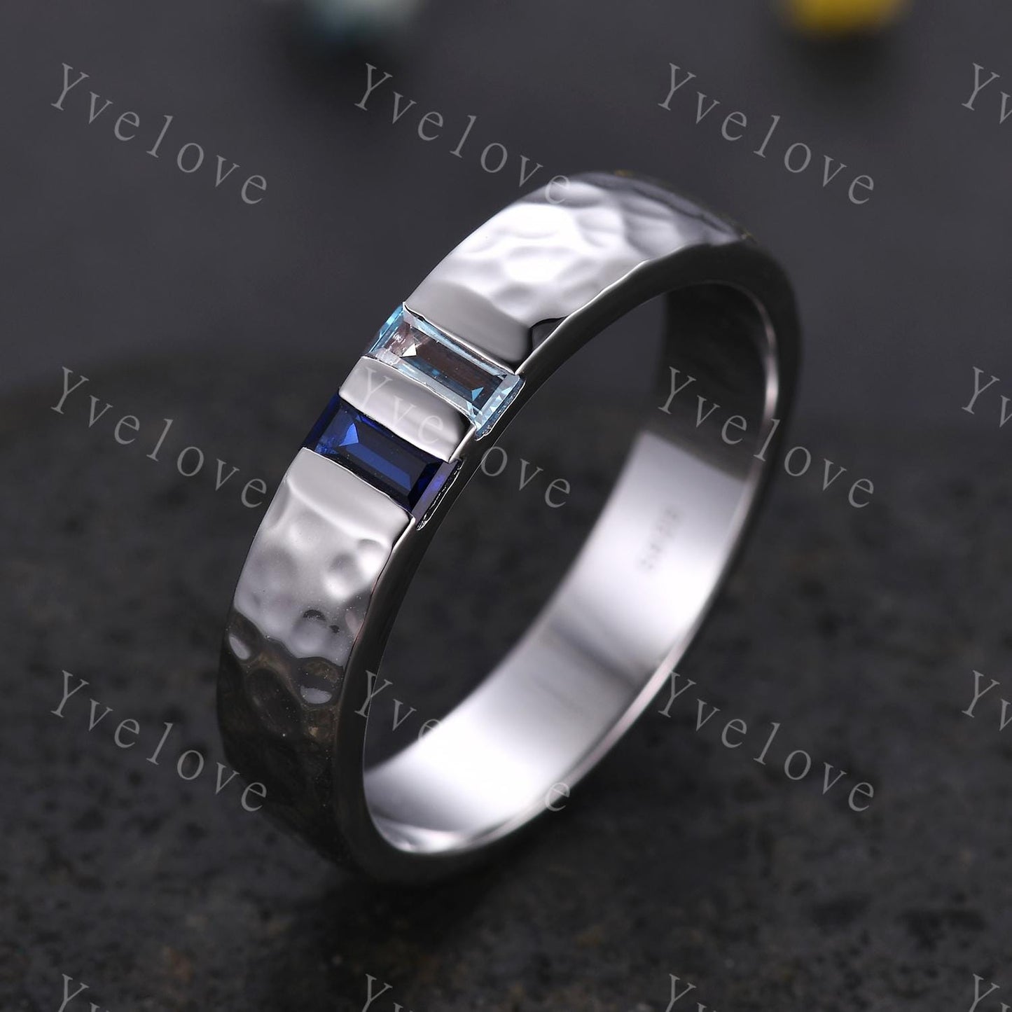 Mens Alexandrite Sapphire Wedding Band Baguette Cut Alexandrite Sapphire Ring Silver Ring Hammered Stacking Matching Band Retro Vintage Gift