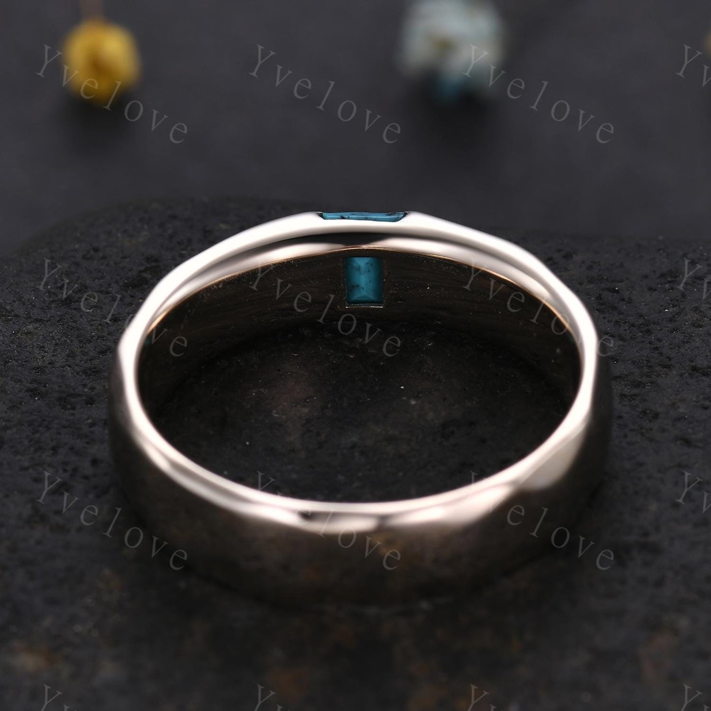 Ancient Mens Turquoise Wedding Band Baguette Cut Turquoise Band Unique Mens Hammered Stacking Matching Band Vintage Retro Ring Gift For Him