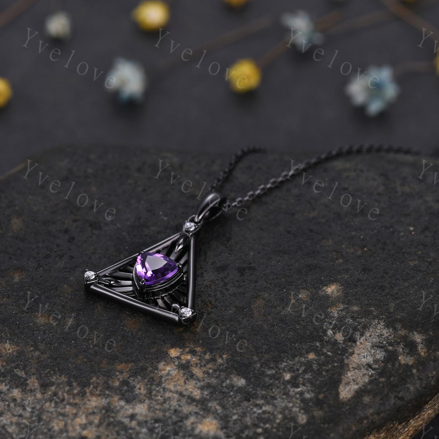 Gothic triangle cut amethyst pendant black gold unique trillion shape purple amethyst engagement necklace women retro wedding necklace gift