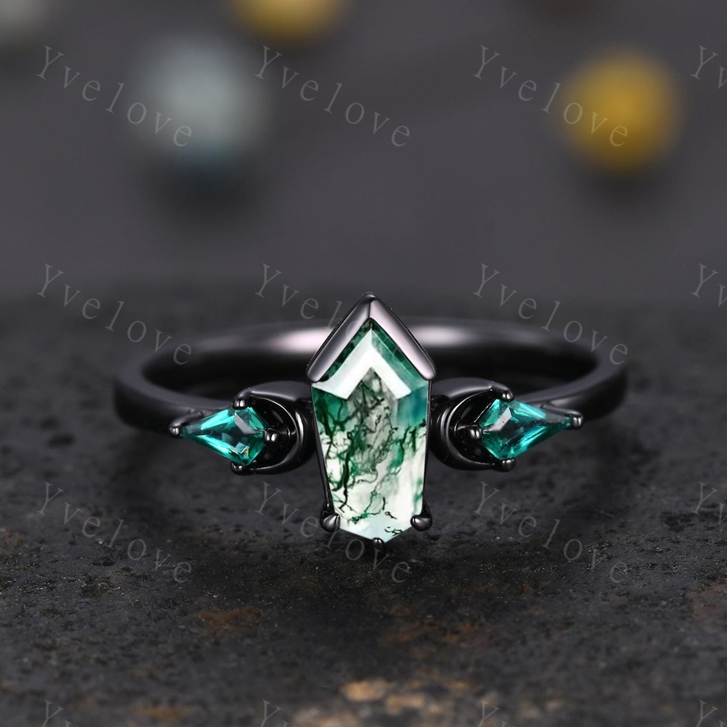 Gothic Coffin Cut Moss Agate Engagement Ring,Unique Natural Agate Ring,Kite Green Emerald Ring,Black Gold Moon Band Promise Gift Bridal Ring