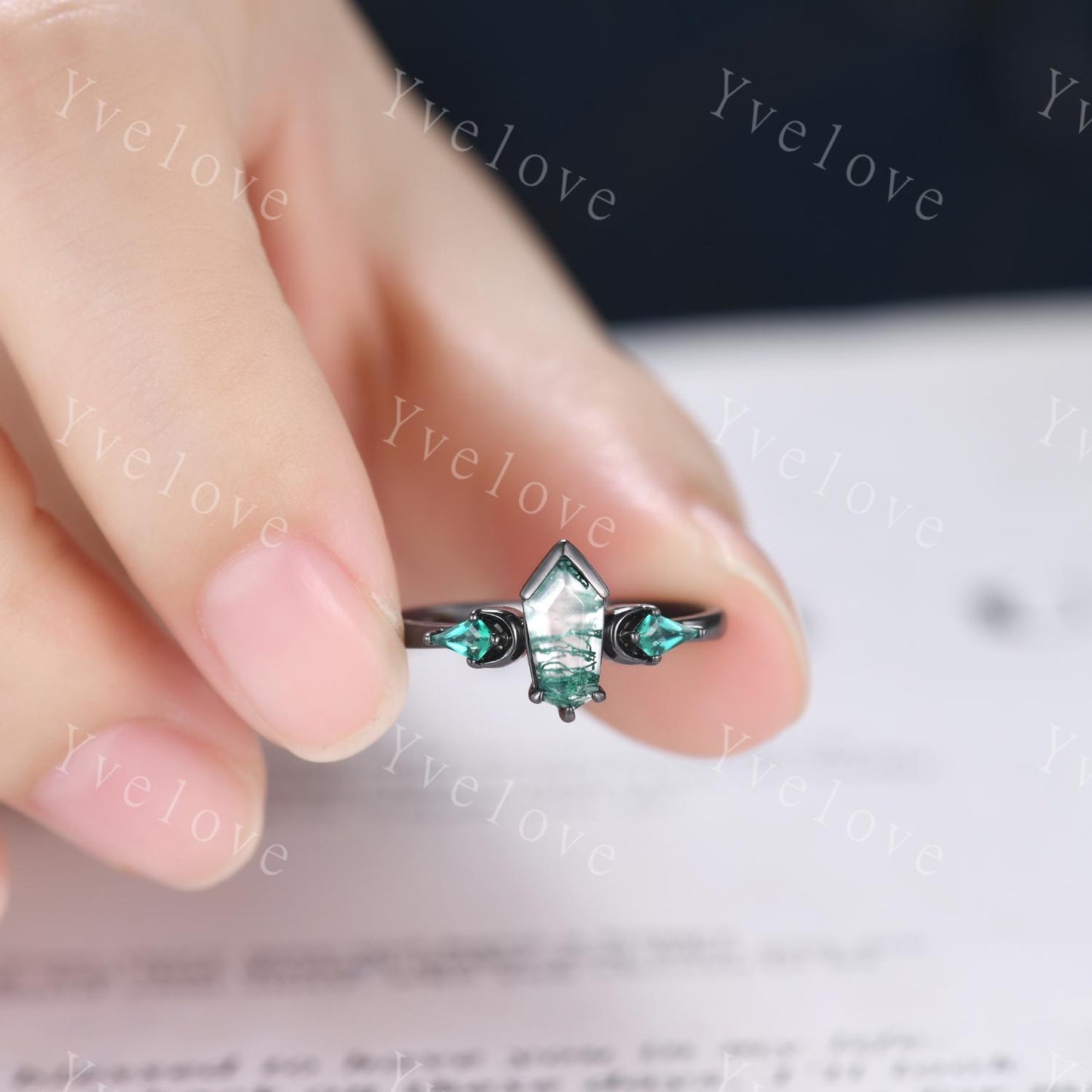 Gothic Coffin Cut Moss Agate Engagement Ring,Unique Natural Agate Ring,Kite Green Emerald Ring,Black Gold Moon Band Promise Gift Bridal Ring