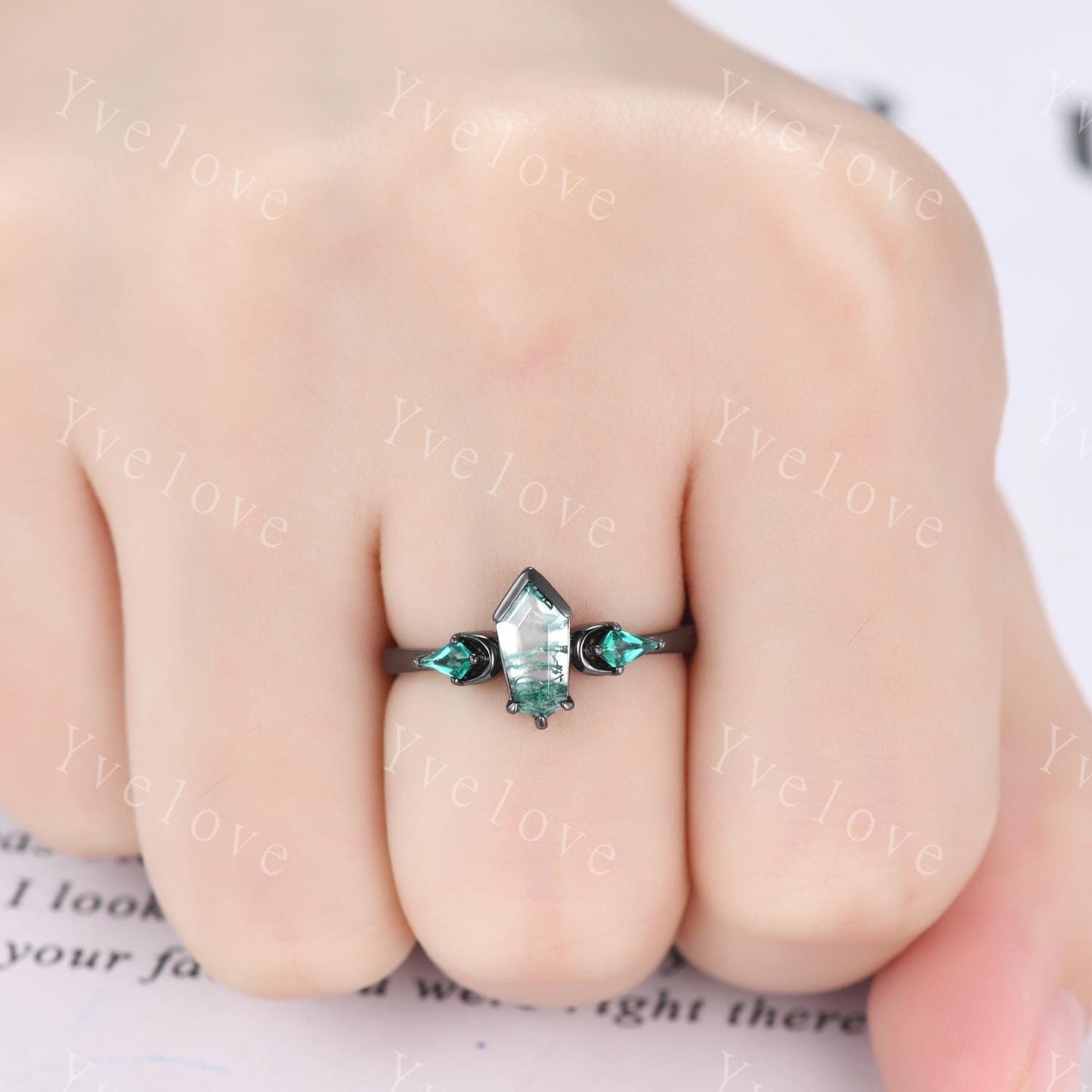 Gothic Coffin Cut Moss Agate Engagement Ring,Unique Natural Agate Ring,Kite Green Emerald Ring,Black Gold Moon Band Promise Gift Bridal Ring