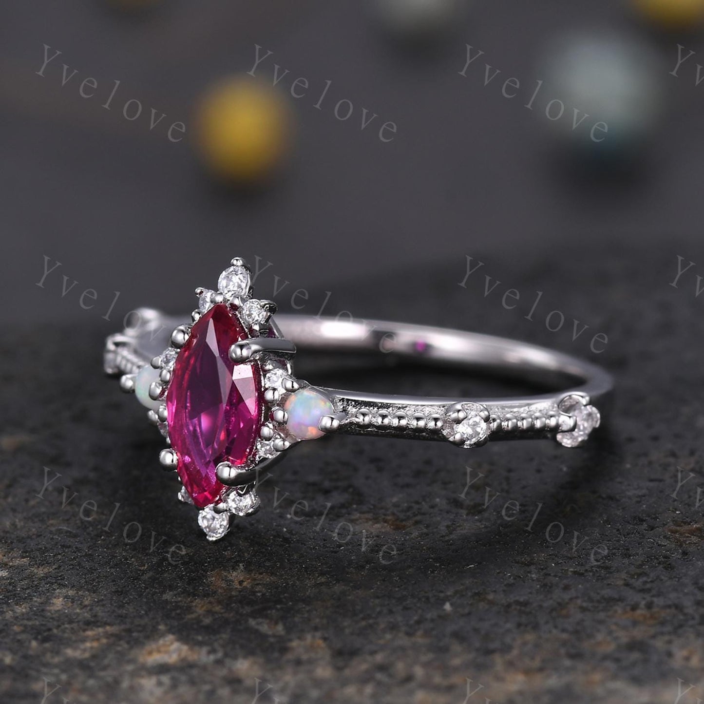 Vintage Marquise Cut Red Ruby Engagement Ring,White Opal Moissanite Wedding Band,Milgrain,Solid White Gold,Women Promise Gift For Her,Custom