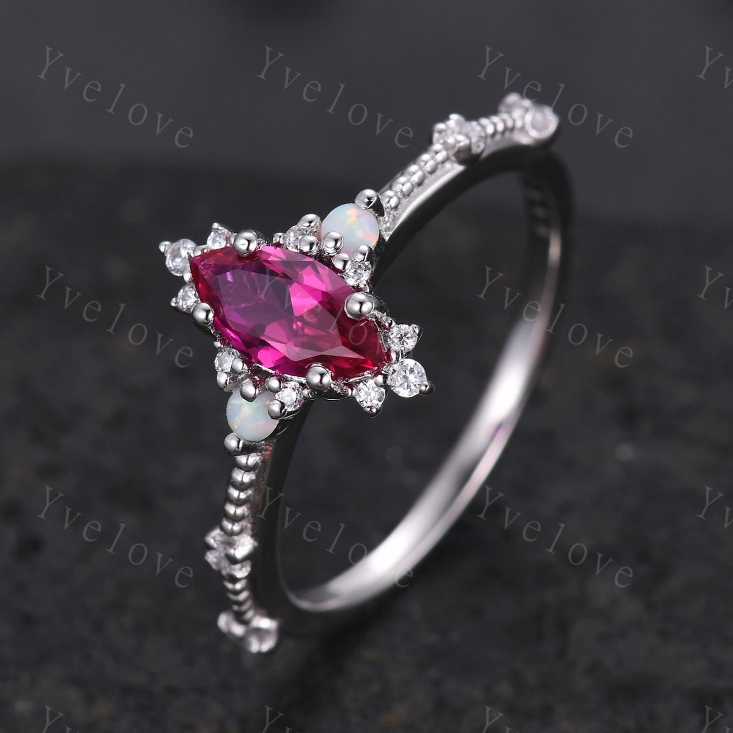 Vintage Marquise Cut Red Ruby Engagement Ring,White Opal Moissanite Wedding Band,Milgrain,Solid White Gold,Women Promise Gift For Her,Custom