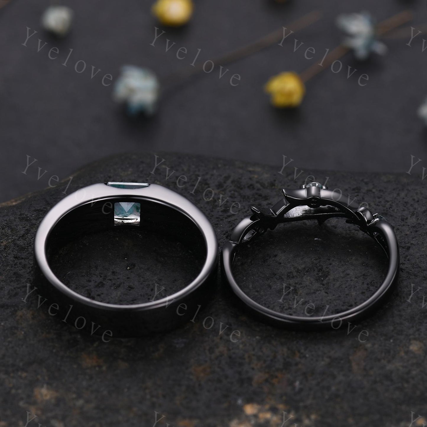 Couples ring set Moss agate ring twig ring for men and women His and Hers wedding band Black Silver Promise Stacking Band Retro Vintage Gift