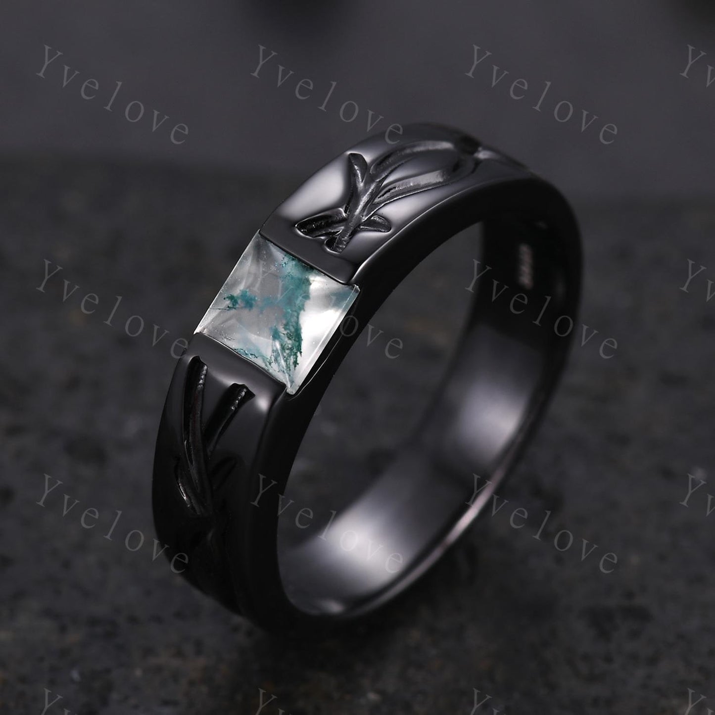Couples ring set Moss agate ring twig ring for men and women His and Hers wedding band Black Silver Promise Stacking Band Retro Vintage Gift