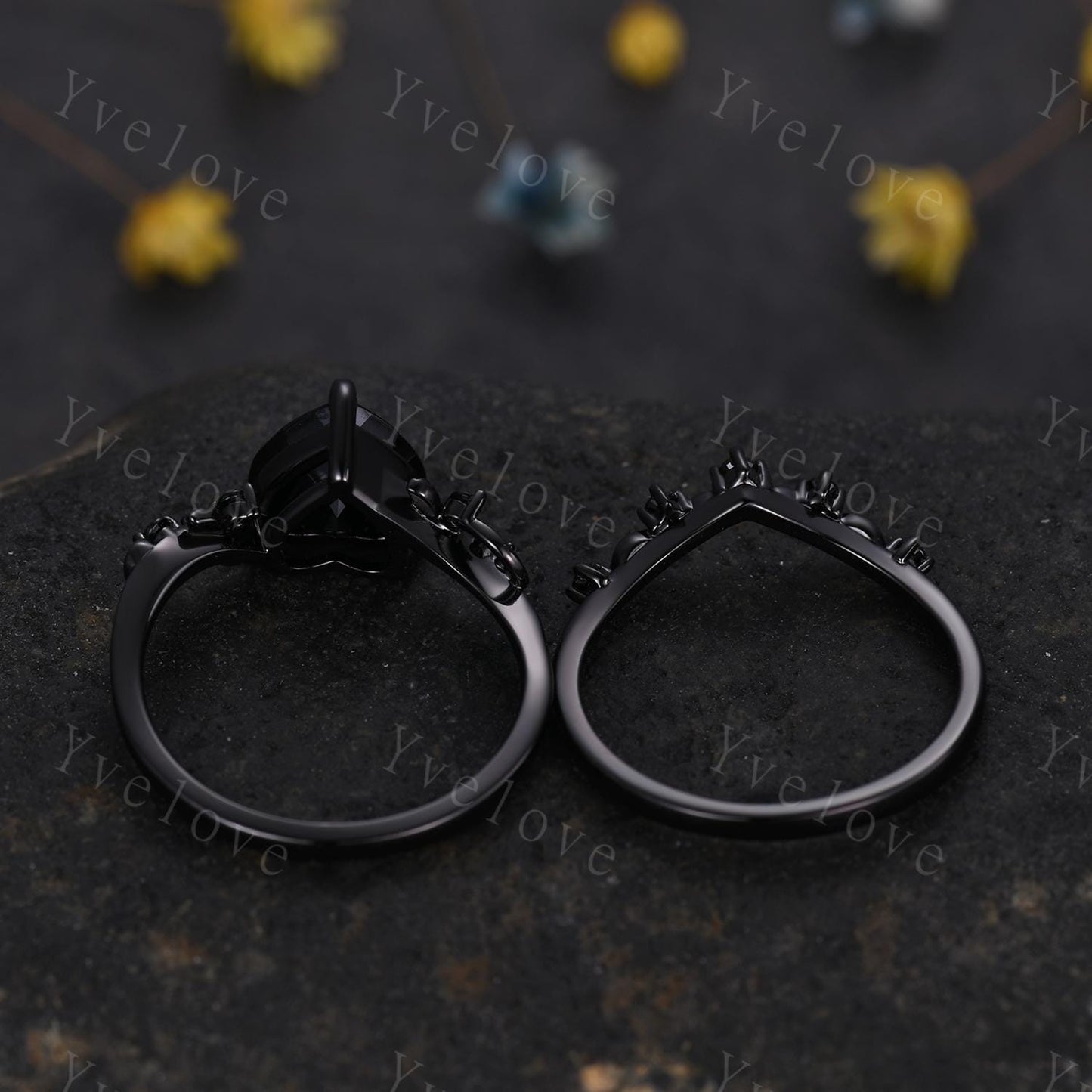 8mm Heart Shape Moissanite Ring,Vintage Twig Vine Leaf Ring,Antique Black Spinel Bridal Promise Ring Set Nature Inspired Black Gold band