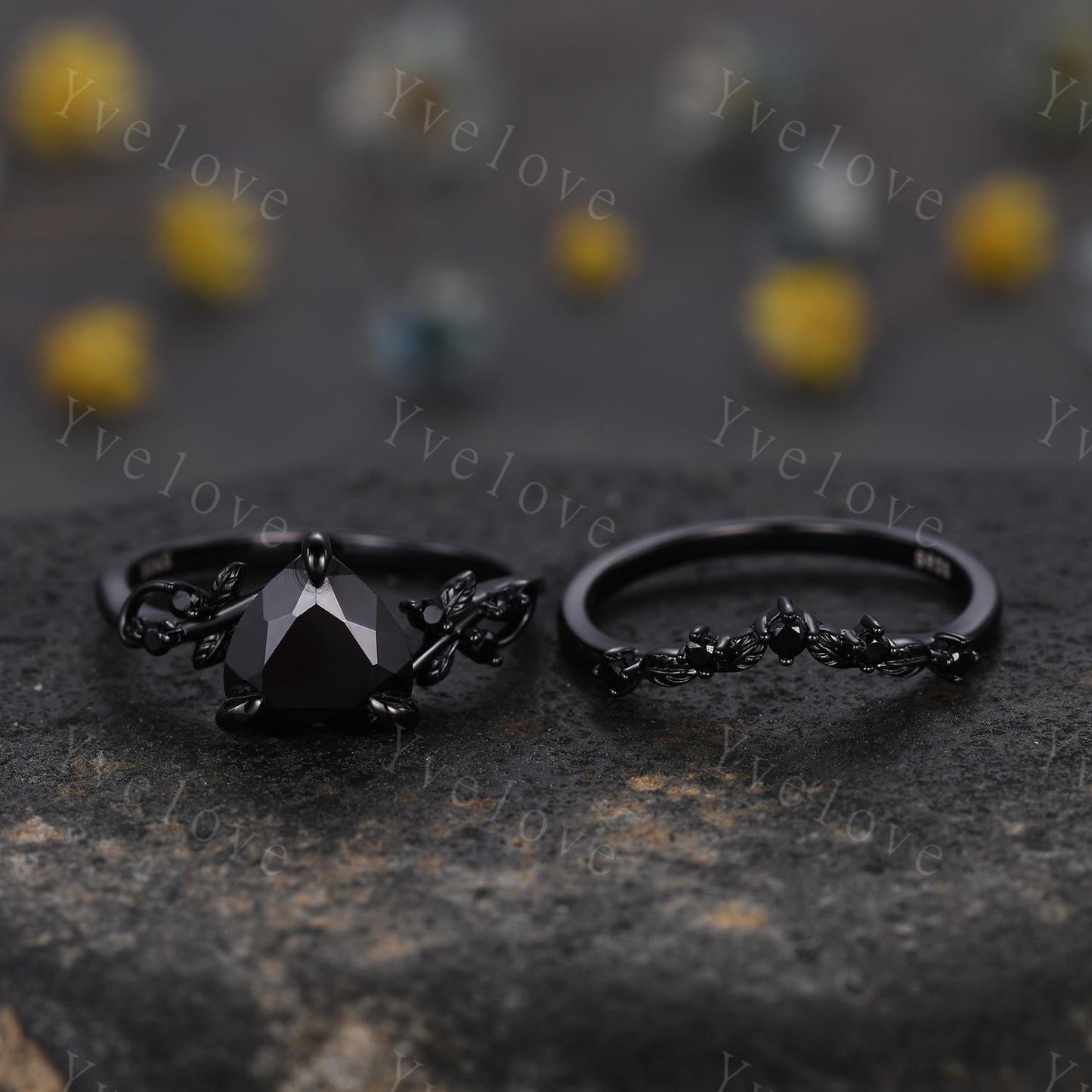 8 mm Heart Shape Black Onyx Ring,Vintage Twig Vine Leaf Ring,Antique Black Onyx Bridal Promise Ring Set Nature Inspired Black Gold band