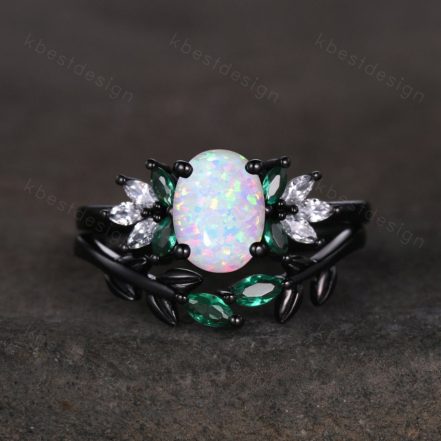 Vintage Opal Emerald Engagement Ring Unique Marquise Moissanite Cluster Ring Black Gold Ring Oval cut Bridal Set White Fire Opal Wedding Set