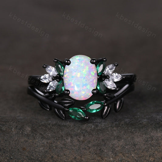 Vintage Opal Emerald Engagement Ring Unique Marquise Moissanite Cluster Ring Black Gold Ring Oval cut Bridal Set White Fire Opal Wedding Set