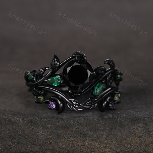 Vintage round cut black onyx engagement ring black gold emerald cluster leaf wedding ring set nature inspired bridal promise ring for her