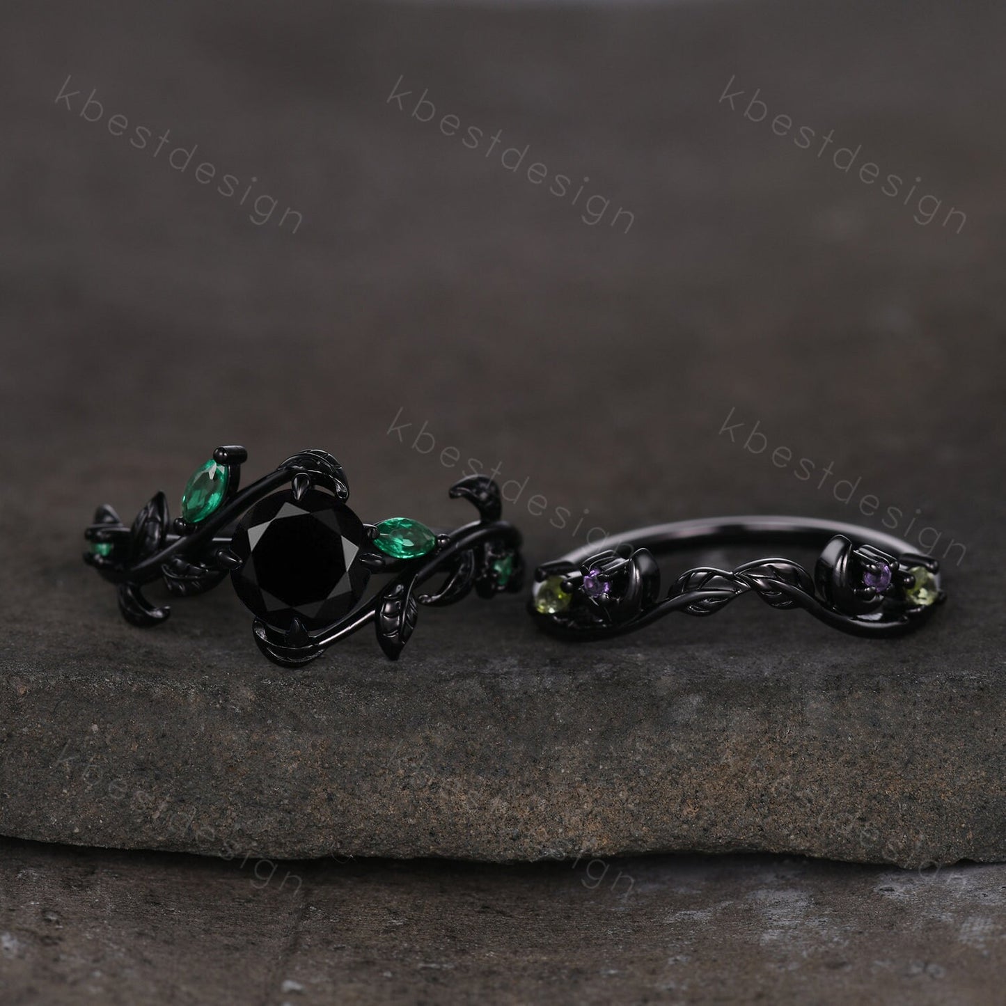 Vintage round cut black onyx engagement ring black gold emerald cluster leaf wedding ring set nature inspired bridal promise ring for her