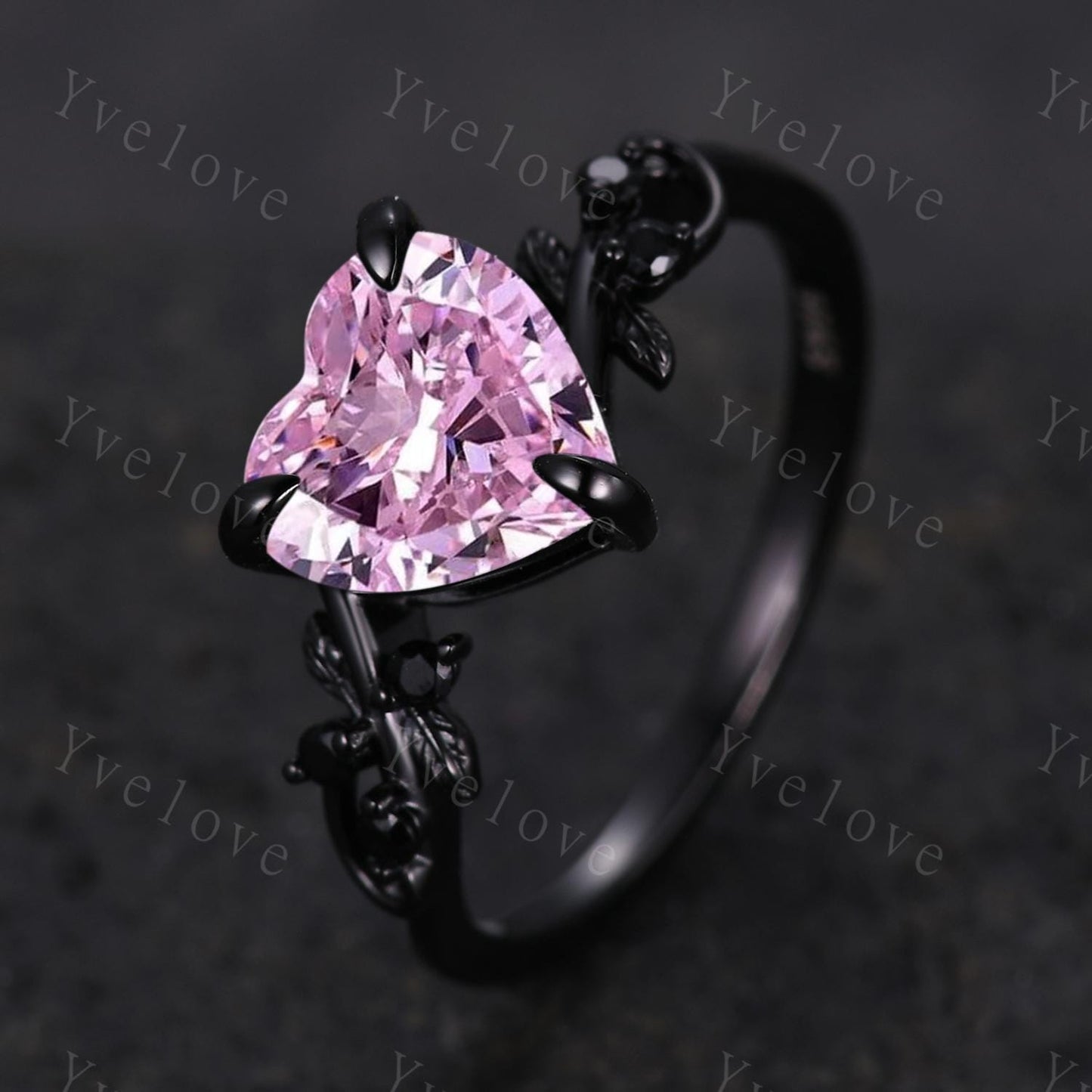 8mm Pink Heart Ring,Pink CZ Ring,Gothic Twig Vine Leaf Ring,Antique Pink Simulated Bridal Promise Ring ,Black Gold Wedding Ring Set,Custom