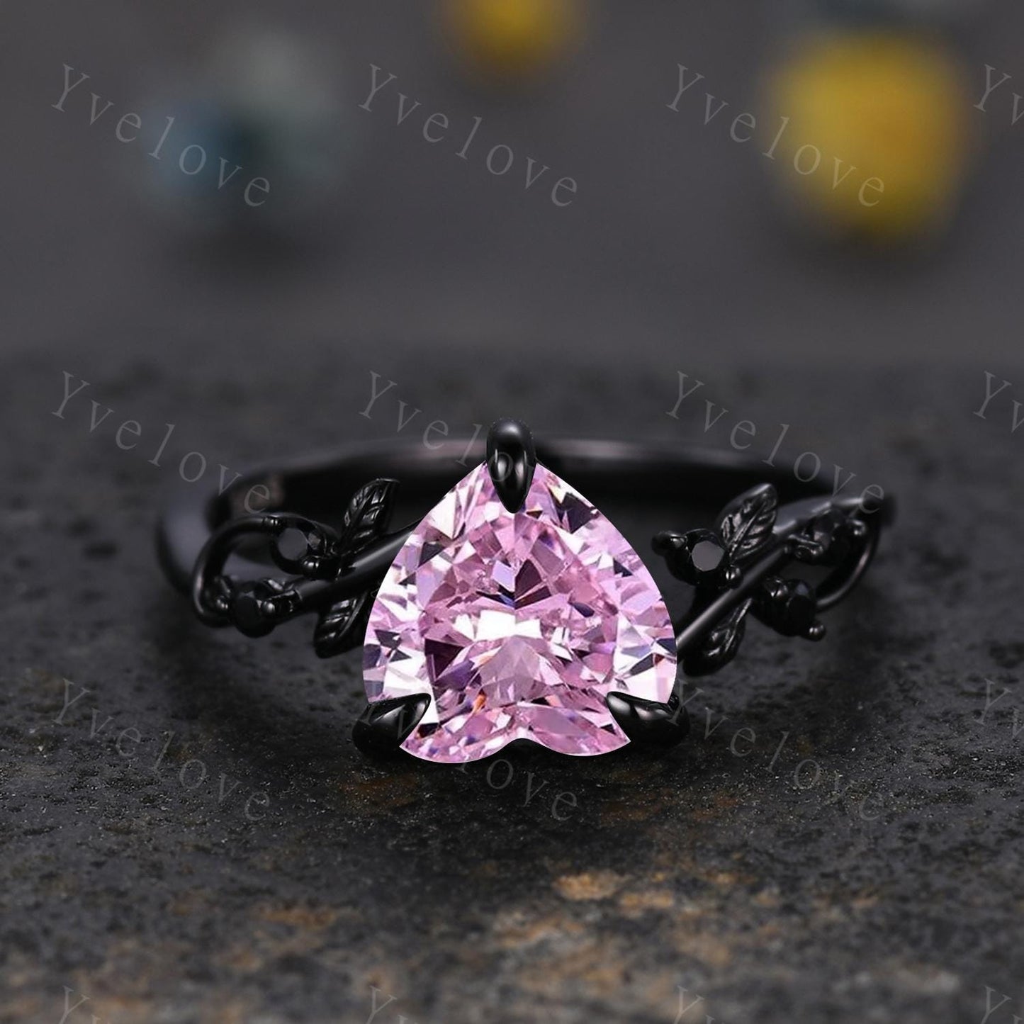 8mm Heart Pink Cubic zirconia Ring,Gothic Twig Vine Leaf Branch Ring,Vintage Pink Simulated Bridal Anniversary Gift,Black Gold Wedding Band