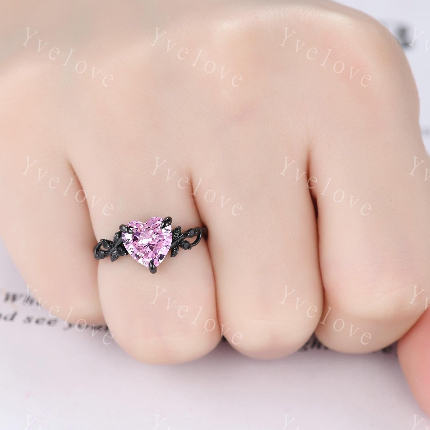 8mm Heart Pink Cubic zirconia Ring,Gothic Twig Vine Leaf Branch Ring,Vintage Pink Simulated Bridal Anniversary Gift,Black Gold Wedding Band