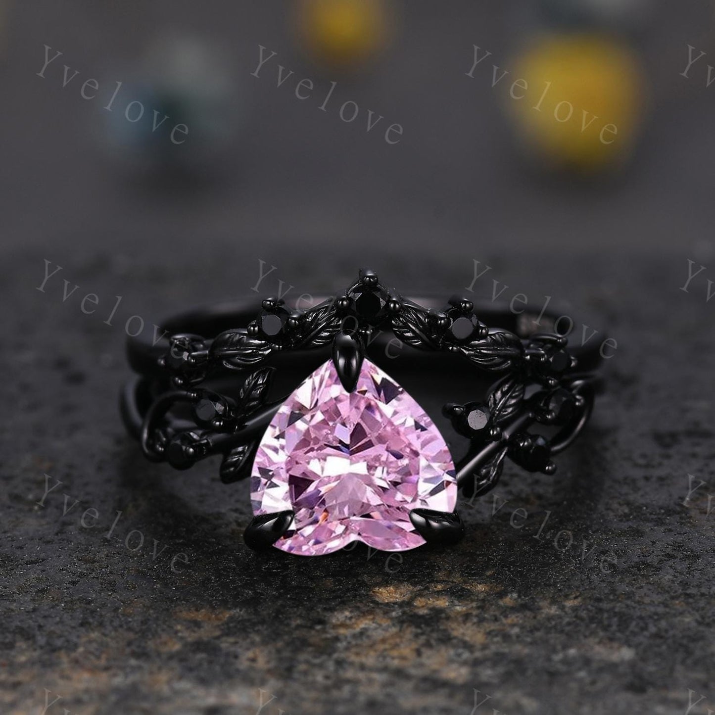 8mm Heart Pink Cubic zirconia Ring,Gothic Twig Vine Leaf Branch Ring,Vintage Pink Simulated Bridal Anniversary Gift,Black Gold Wedding Band