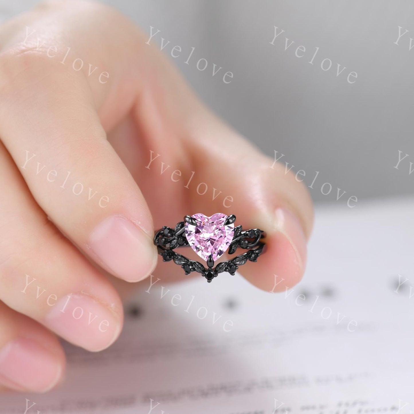 8mm Pink Heart Ring,Pink CZ Ring,Gothic Twig Vine Leaf Ring,Antique Pink Simulated Bridal Promise Ring ,Black Gold Wedding Ring Set,Custom
