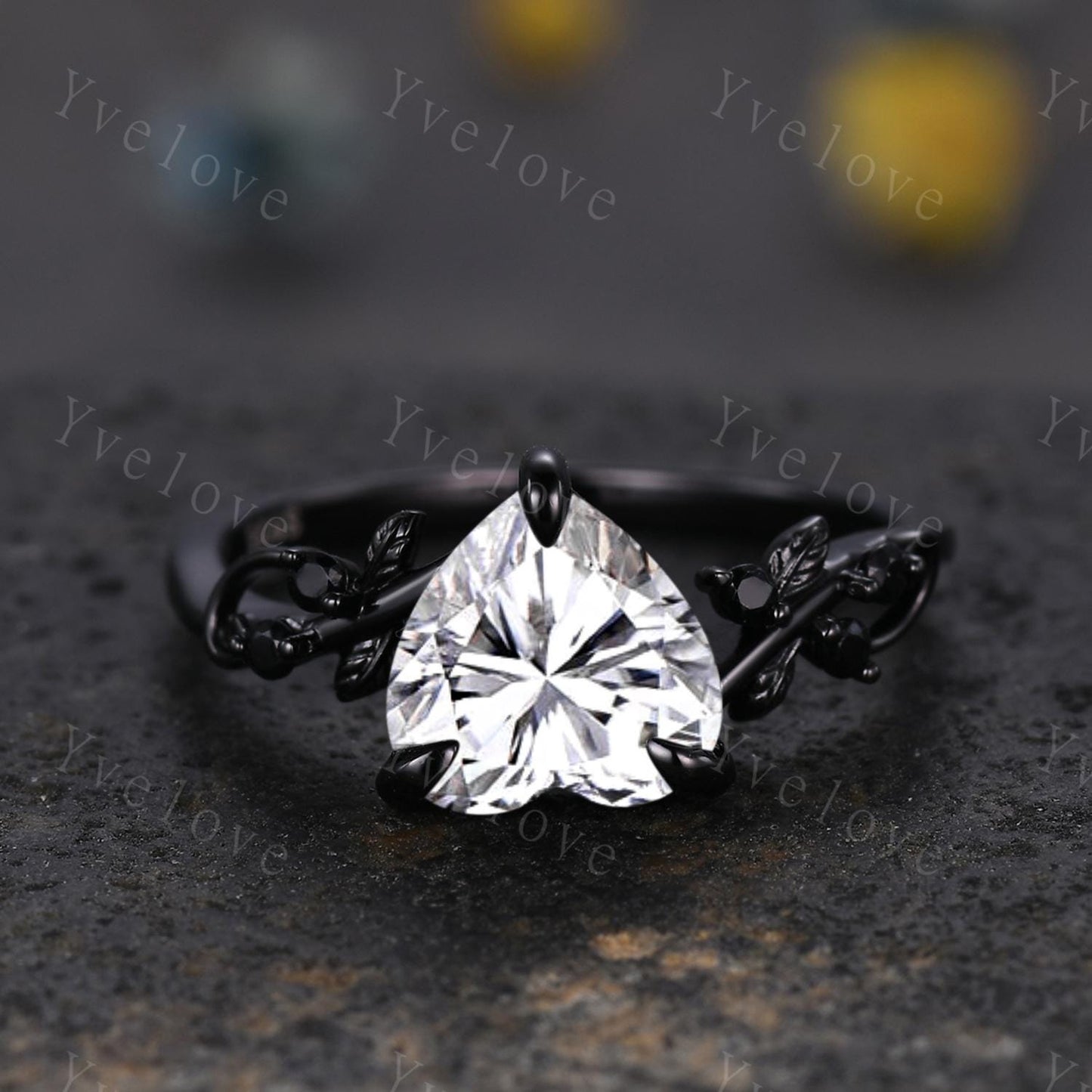 8mm Heart Shape Moissanite Ring,Vintage Twig Vine Leaf Ring,Antique Black Spinel Bridal Promise Ring Set Nature Inspired Black Gold band