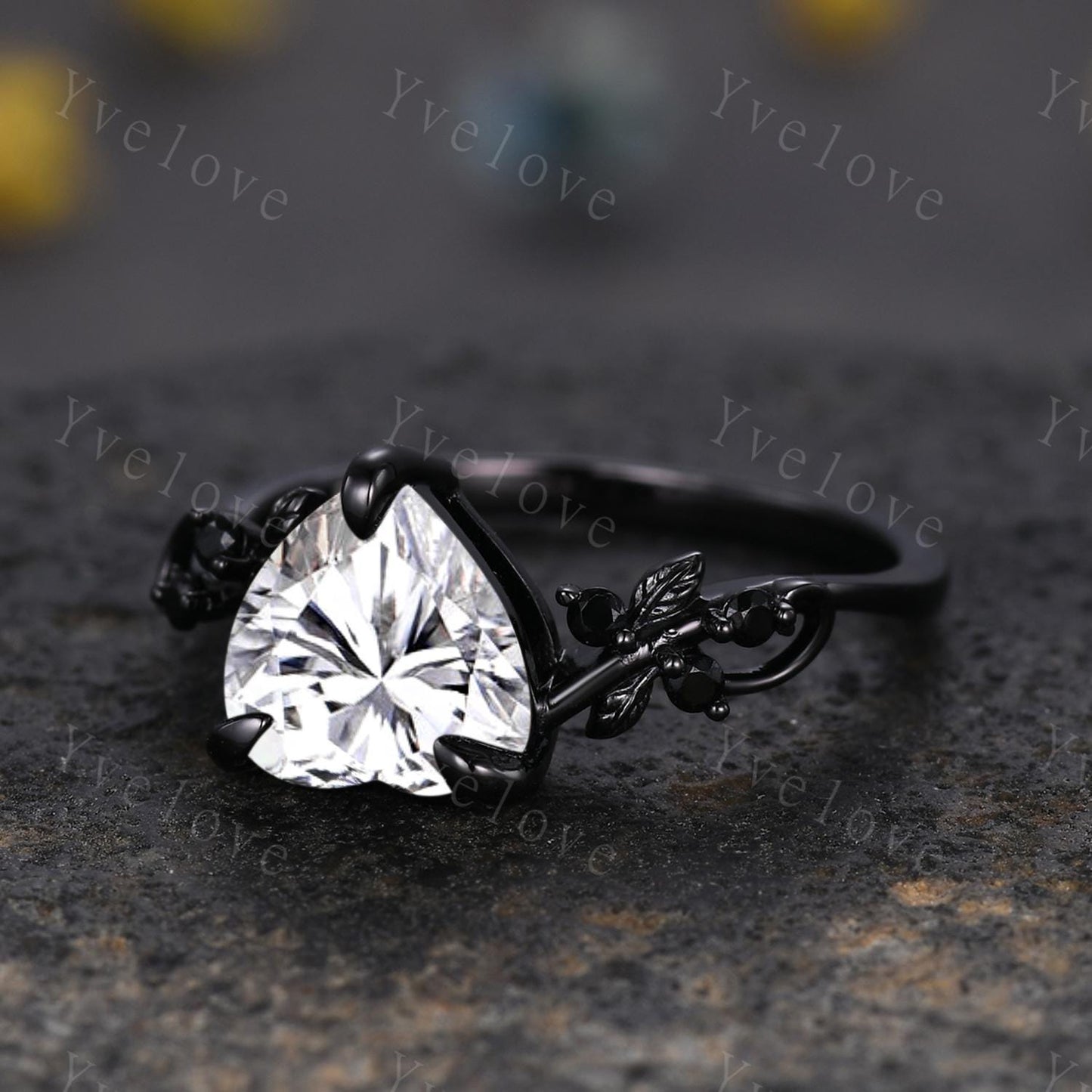 8mm Heart Shape Moissanite Ring,Vintage Twig Vine Leaf Ring,Antique Black Spinel Bridal Promise Ring Set Nature Inspired Black Gold band