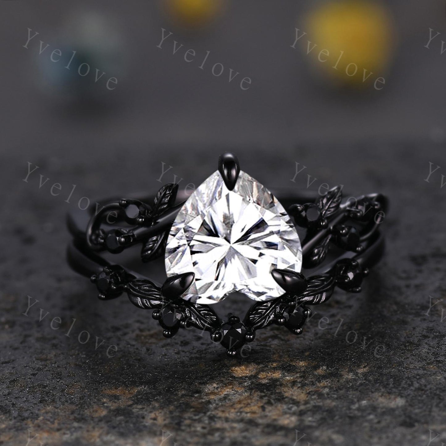 8mm Heart Shape Moissanite Ring,Vintage Twig Vine Leaf Ring,Antique Black Spinel Bridal Promise Ring Set Nature Inspired Black Gold band