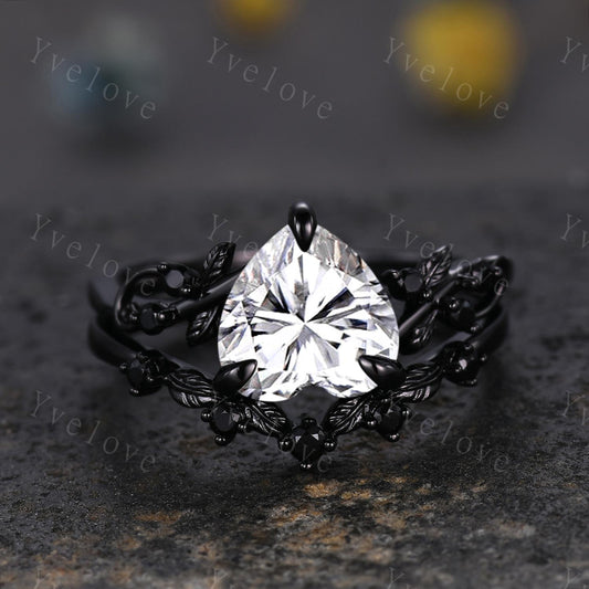 8mm Heart Shape Moissanite Ring,Vintage Twig Vine Leaf Ring,Antique Black Spinel Bridal Promise Ring Set Nature Inspired Black Gold band