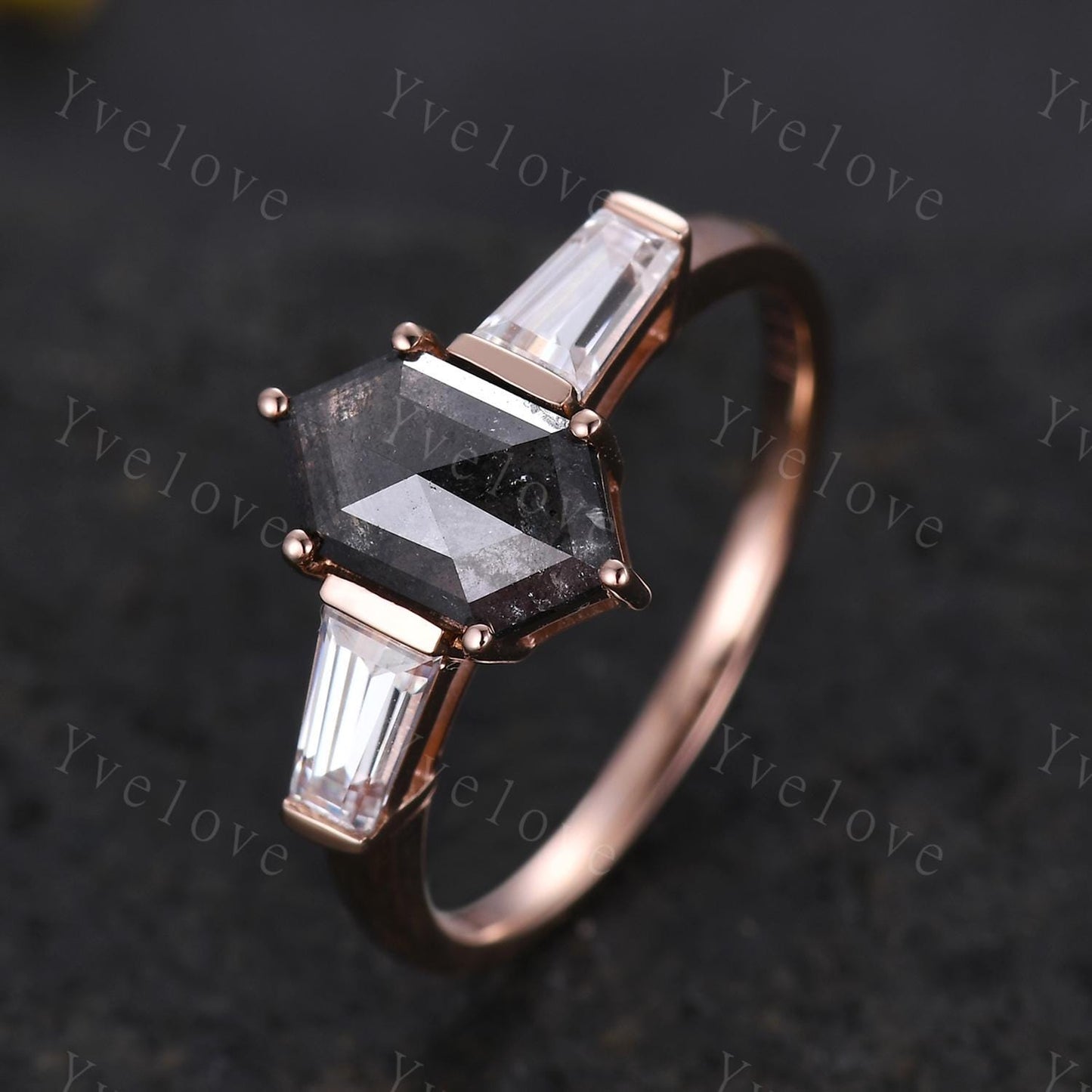 Retro Hexagon Salt and Pepper Diamond Ring,Vintage Tapered Baguette Moissanite Ring,Unique Three Stone Engagement Ring,Promise Gift Handmade