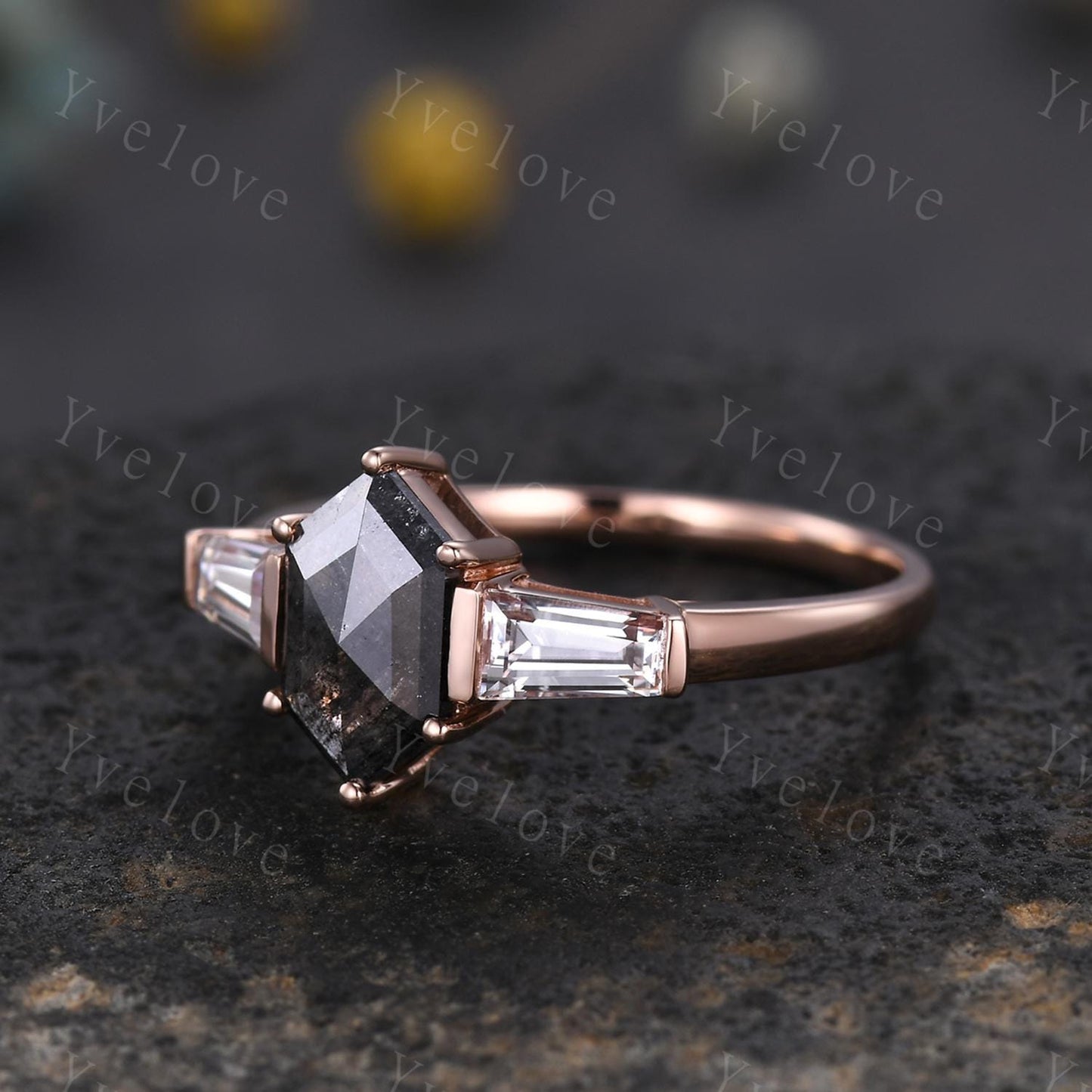 Retro Hexagon Salt and Pepper Diamond Ring,Vintage Tapered Baguette Moissanite Ring,Unique Three Stone Engagement Ring,Promise Gift Handmade