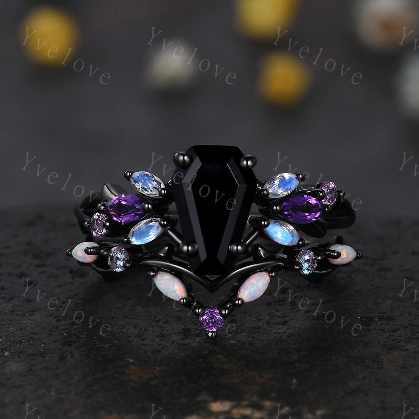 Gothic Coffin Black Onyx Engagement Ring,Black Gold Ring,Vines Moonstone Pink Sapphire Ring,Women Bridal Set,Anniversary Gift Promise Ring
