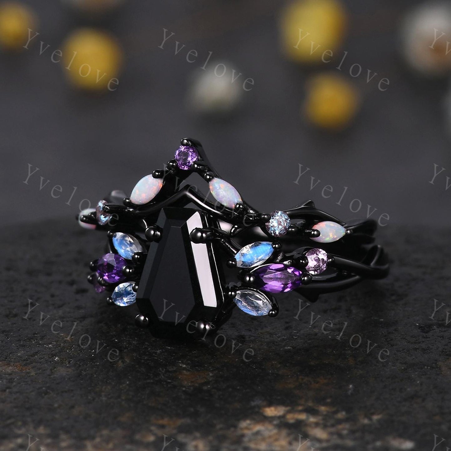 Gothic Coffin Black Onyx Engagement Ring,Black Gold Ring,Vines Moonstone Pink Sapphire Ring,Women Bridal Set,Anniversary Gift Promise Ring