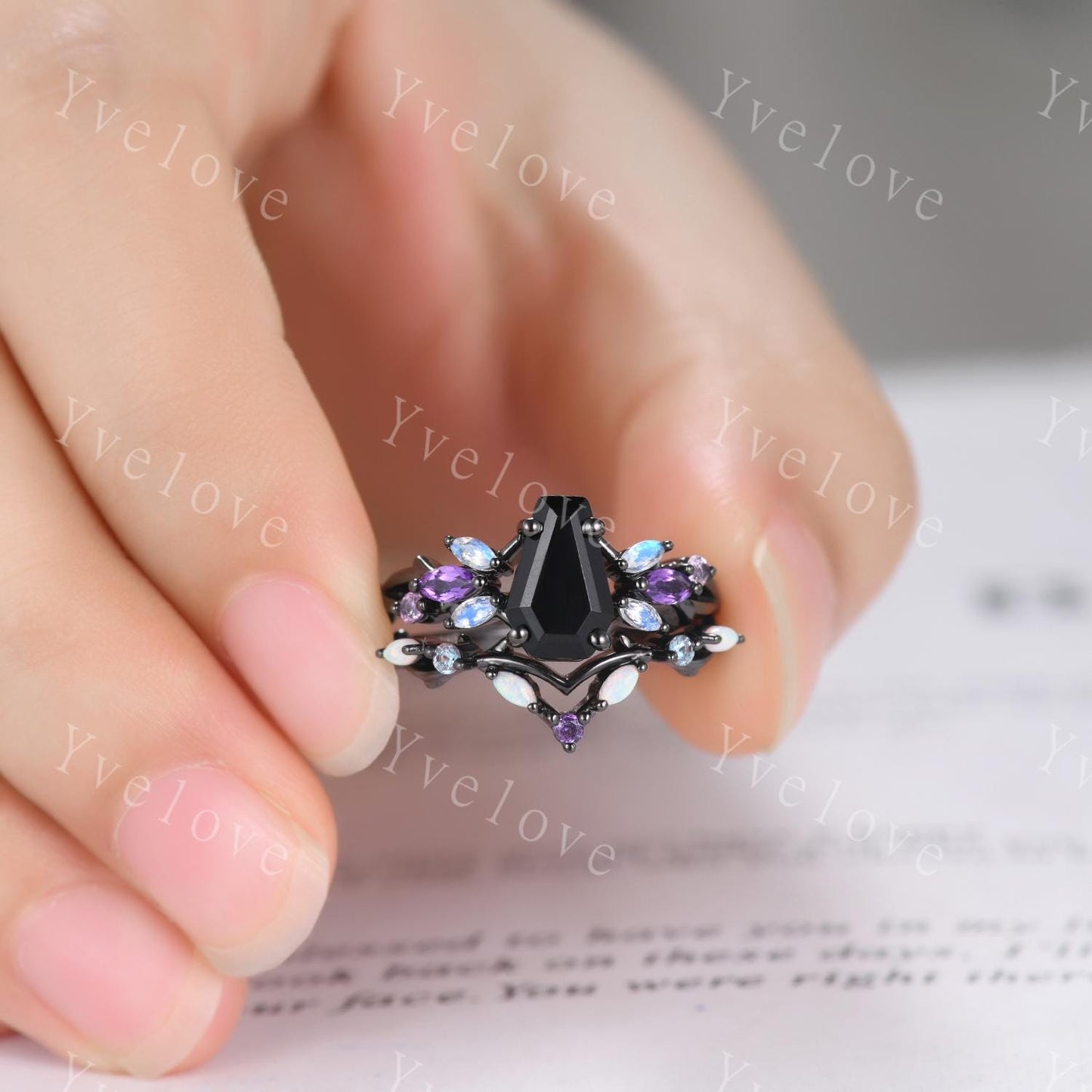 Gothic Coffin Black Onyx Engagement Ring,Black Gold Ring,Vines Moonstone Pink Sapphire Ring,Women Bridal Set,Anniversary Gift Promise Ring