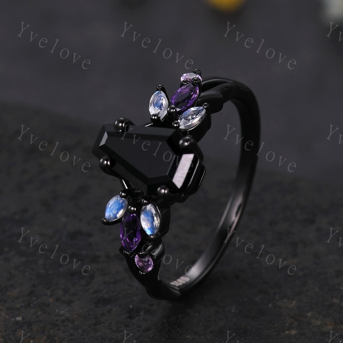 Vintage Coffin Black Onyx Engagement Ring,14k Black Gold,Twig Amethyst Moonstone Ring,Women Bridal Ring,Retro Promise Ring For Her Custom