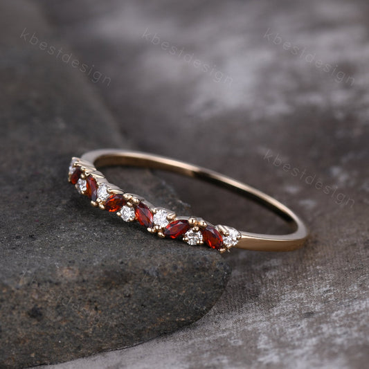 Garnet cluster wedding band Unique marquise cut garnet wedding band Vintage Moissanite ring Solid rose gold ring Anniversary gift for Her