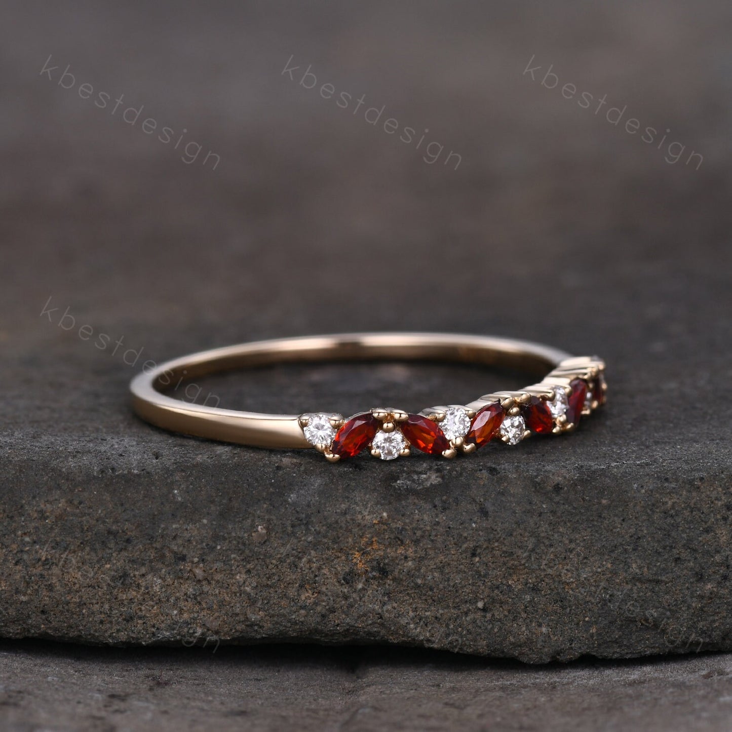 Garnet cluster wedding band Unique marquise cut garnet wedding band Vintage Moissanite ring Solid rose gold ring Anniversary gift for Her