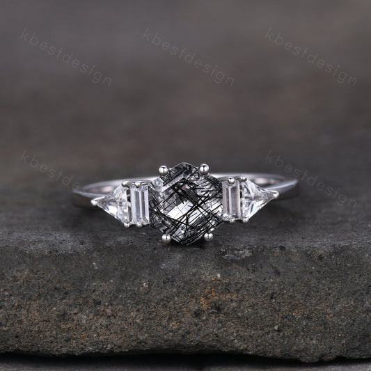Hexagon cut black rutilated quartz engagement ring vintage unique multi shaped moissanite ring art deco promise ring anniversary gift