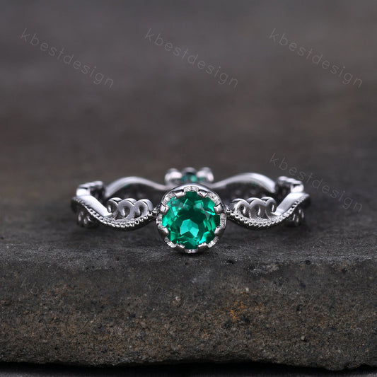 Antique emerald engagement ring 5mm round cut green emerald ring art deco filigree ring unique design bridal promise ring May birthstone