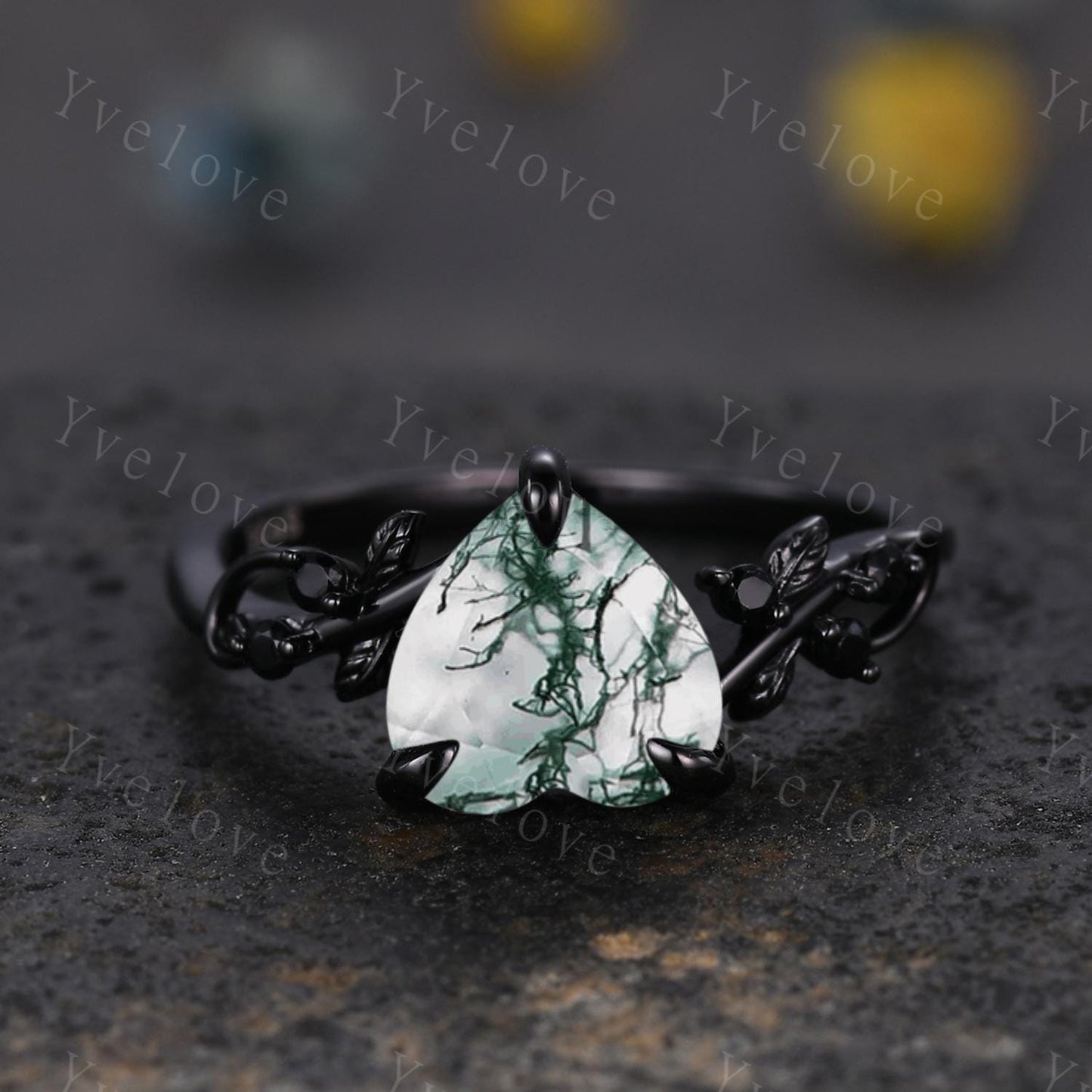 8mm Heart Moss Agate Ring,Gothic Black Twig Vine Leaf Branch Ring,Vintage Natural Agate Bridal Ring Anniversary Gift,Black Gold Wedding Band