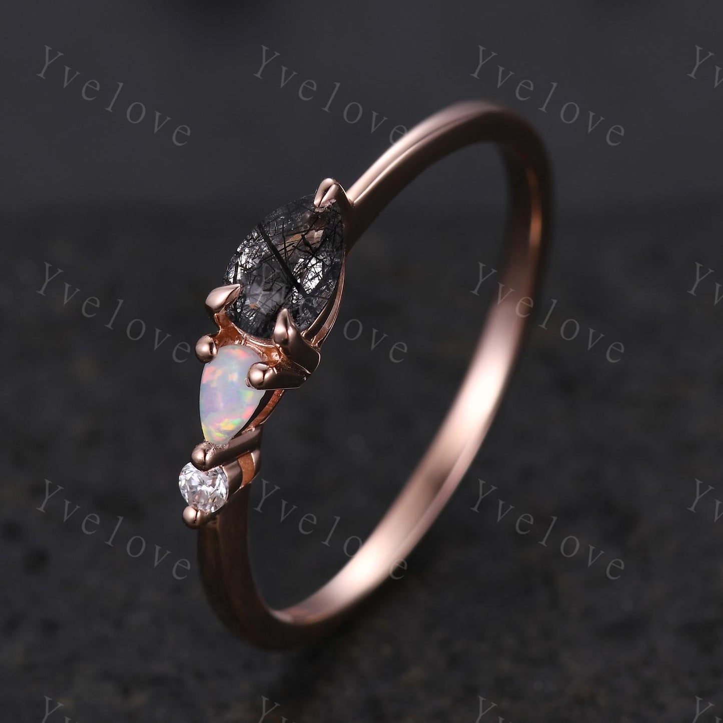 Vintage Black Rutilated Quartz Opal Engagement Ring,Pear Cut Gems,Art Deco Diamond Wedding Band,Unique Women Bridal Promise Ring,Black Gold