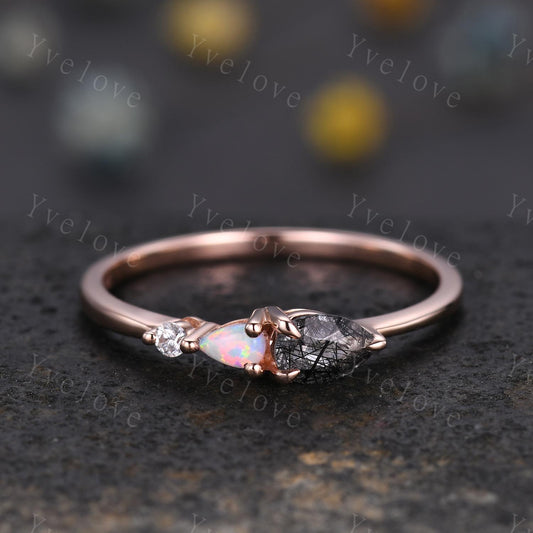 Vintage Black Rutilated Quartz Opal Engagement Ring,Pear Cut Gems,Art Deco Moissanite Wedding Band,3 Stone Unique Women Bridal Promise Ring