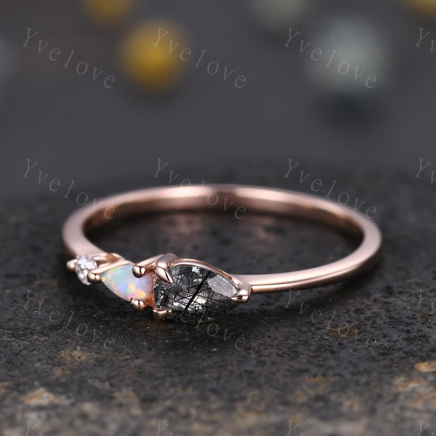 Vintage Black Rutilated Quartz Opal Engagement Ring,Pear Cut Gems,Art Deco Moissanite Wedding Band,3 Stone Unique Women Bridal Promise Ring