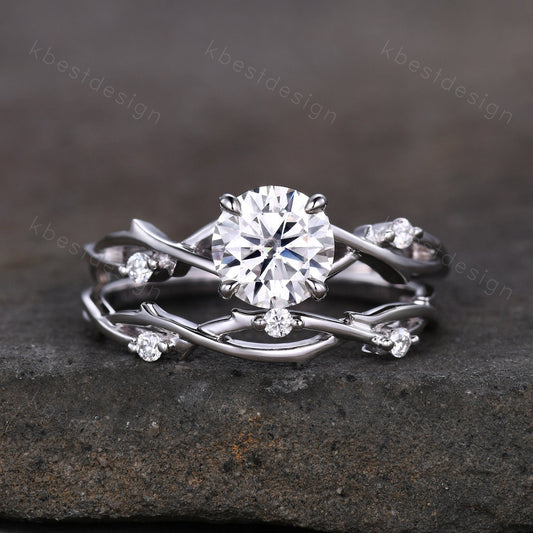 Vintage moissanite engagement ring sterling silver ring art deco twig stacking band round shaped bridal set unique moissanite wedding set