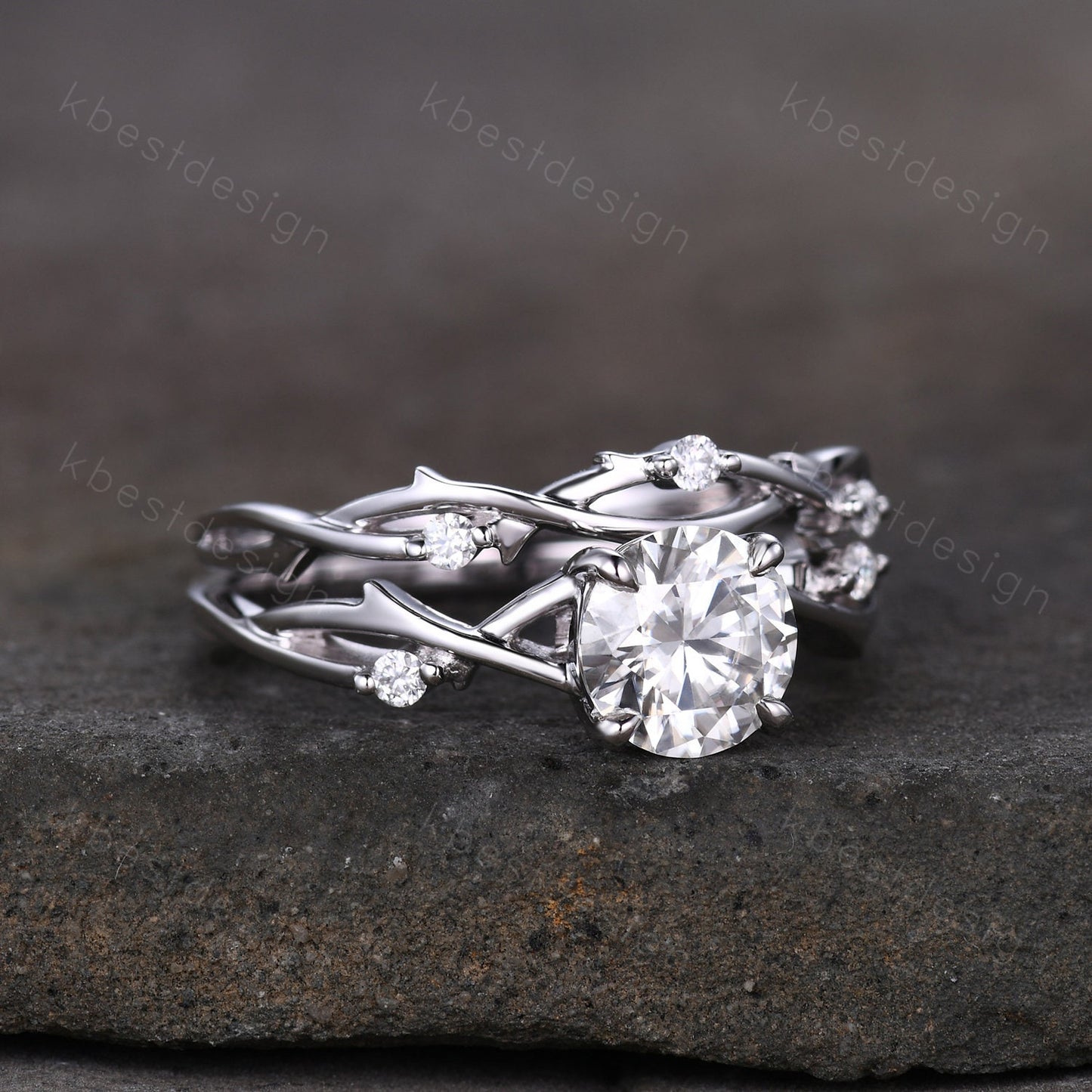 Vintage moissanite engagement ring sterling silver ring art deco twig stacking band round shaped bridal set unique moissanite wedding set