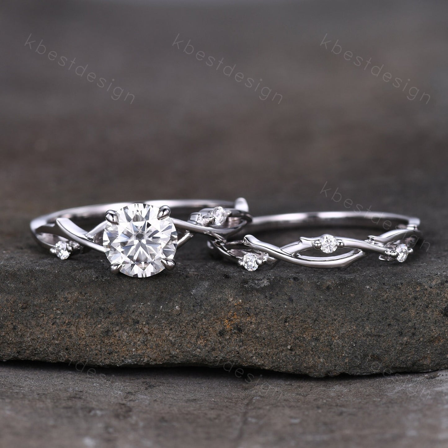 Vintage moissanite engagement ring sterling silver ring art deco twig stacking band round shaped bridal set unique moissanite wedding set