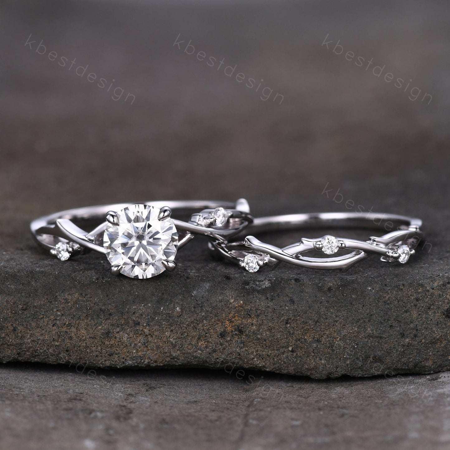 Vintage moissanite engagement ring sterling silver ring art deco twig stacking band round shaped bridal set unique moissanite wedding set