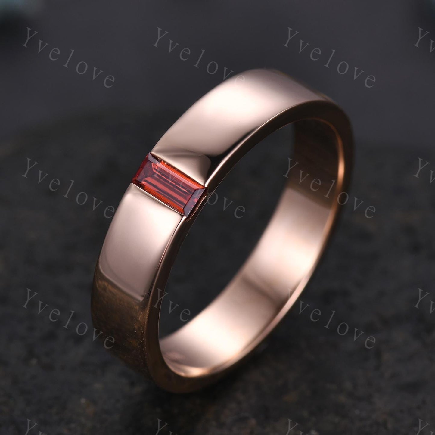 Mens Red Garnet Wedding Band Baguette Cut Garnet Band 5mm Solid Gold Ring Mens Solitaire Stacking Matching Band Retro Vintage Ring Gift