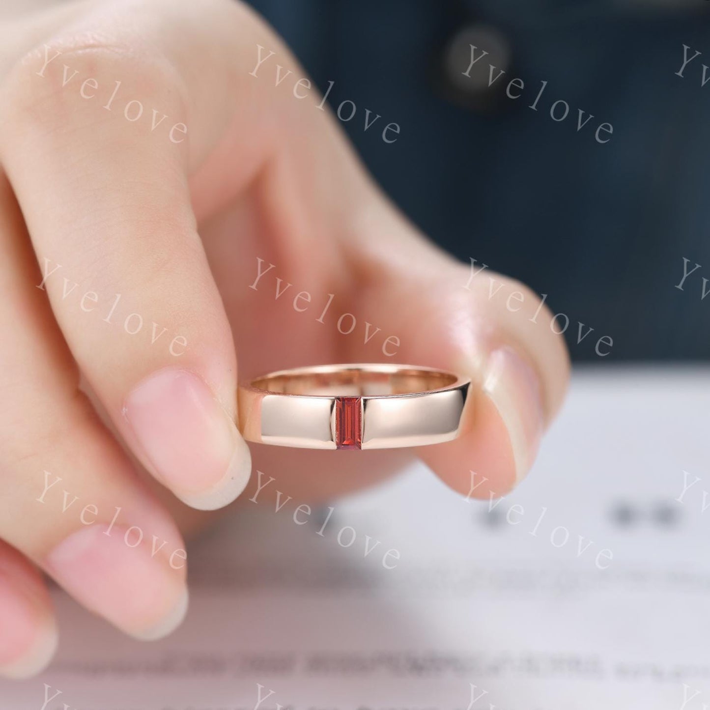 Mens Red Garnet Wedding Band Baguette Cut Garnet Band 5mm Rose Gold Ring Mens Solitaire Stacking Matching Band Retro Vintage Ring Gift