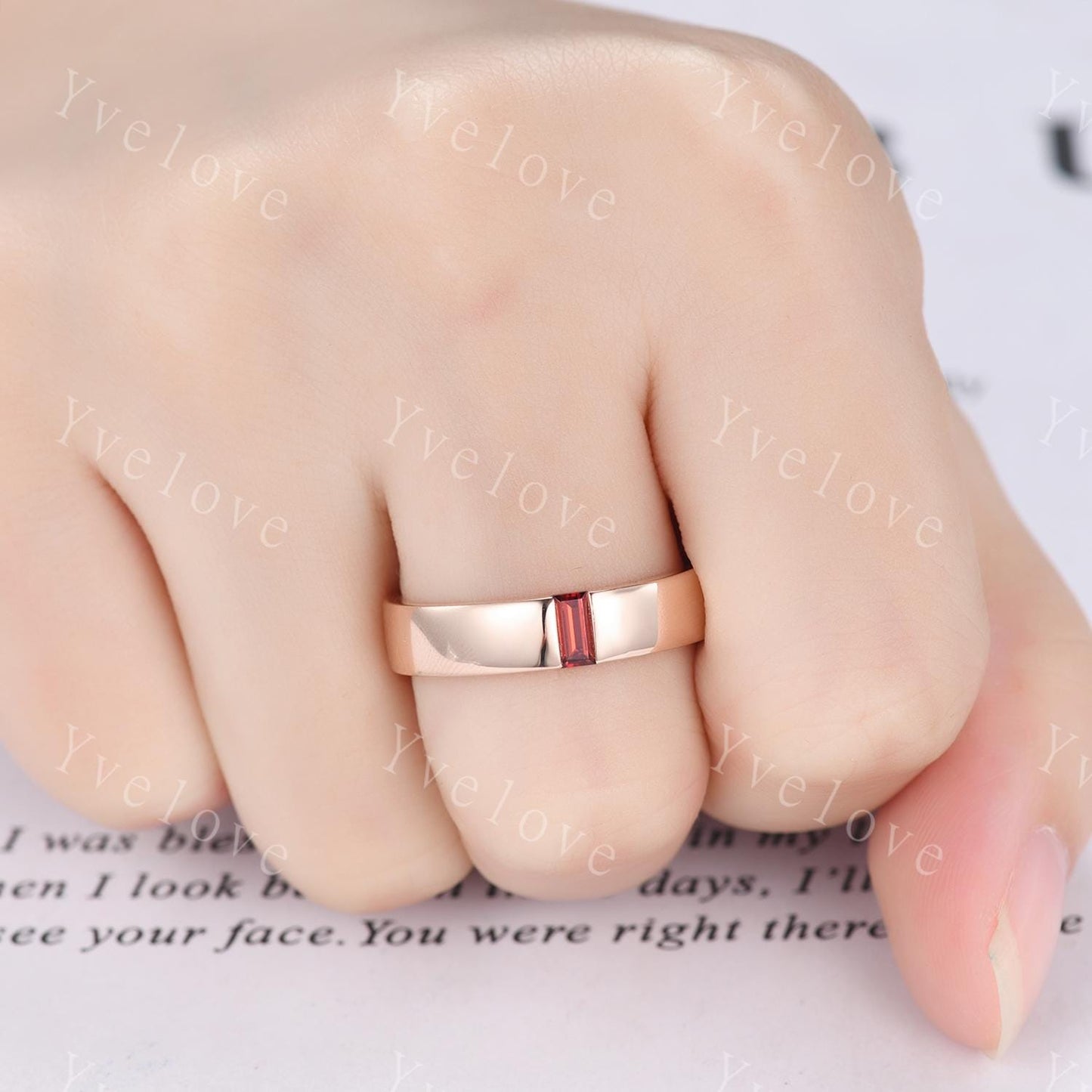 Mens Red Garnet Wedding Band Baguette Cut Garnet Band 5mm Rose Gold Ring Mens Solitaire Stacking Matching Band Retro Vintage Ring Gift