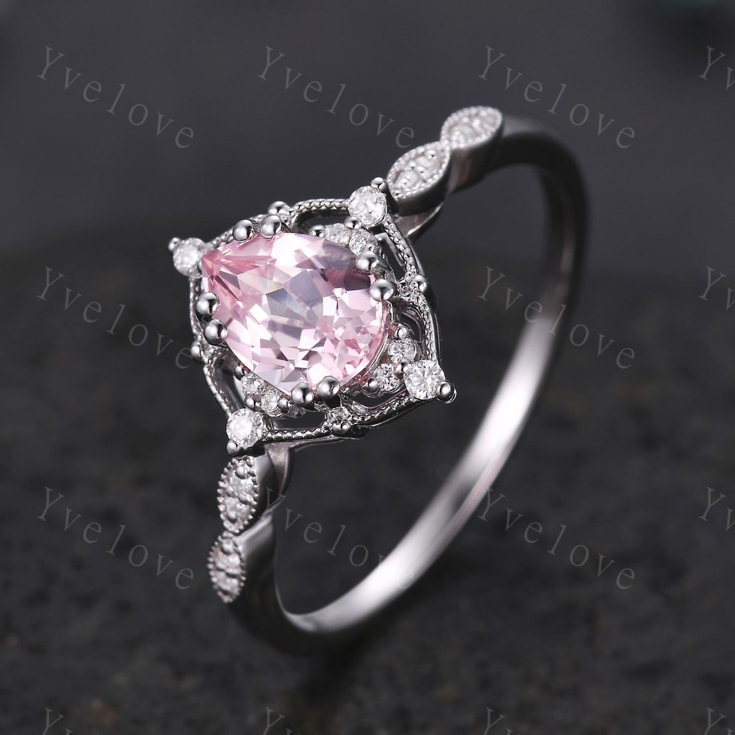 Vintage Pink Sapphire Engagement Ring,Teardrop Sapphire Ring,14K 18K White Gold,Unique Women Moissanite Promise Ring For Her,Handmade Gift
